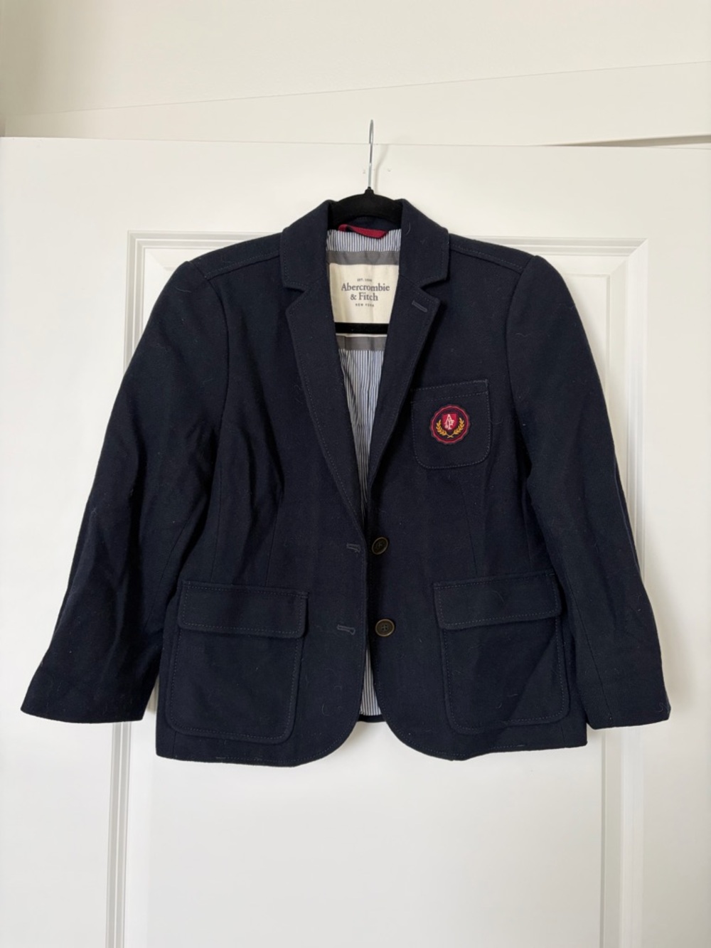 Vintage Abercrombie & Fitch Navy Blazer with Striped Lining and Crest Patch
